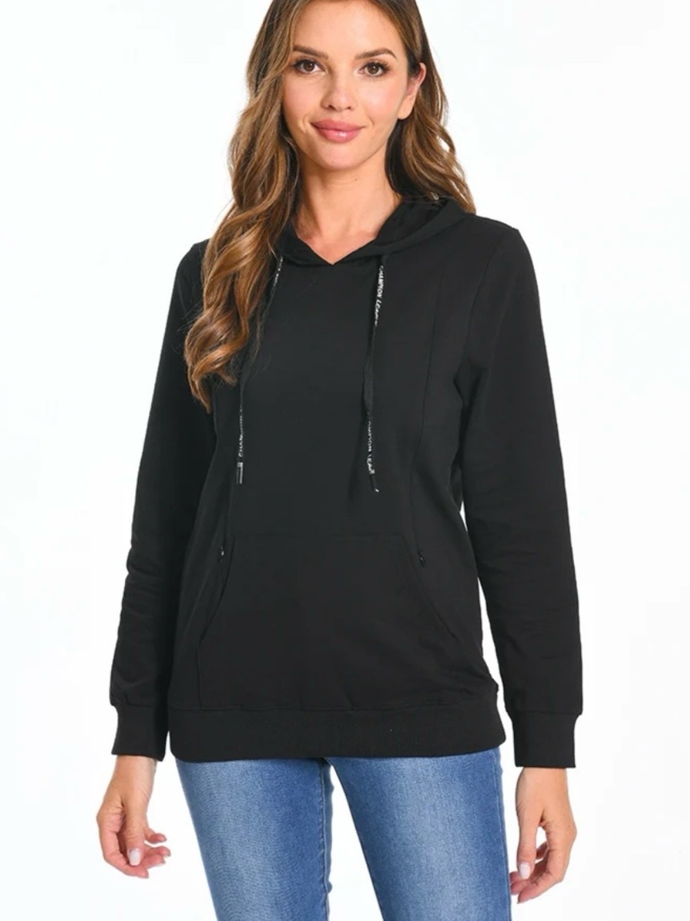 Bearsland Maternity Fleece Black Pullover Hoodie with Kangaroo Front Pocket(M)